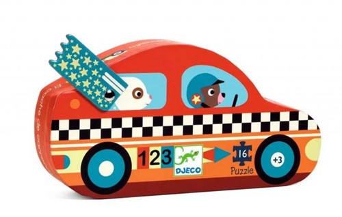 Djeco kinderpuzzel in racewagen doos - 16 stukjes